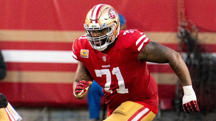 49ers OT Trent Williams moves to deliver a block